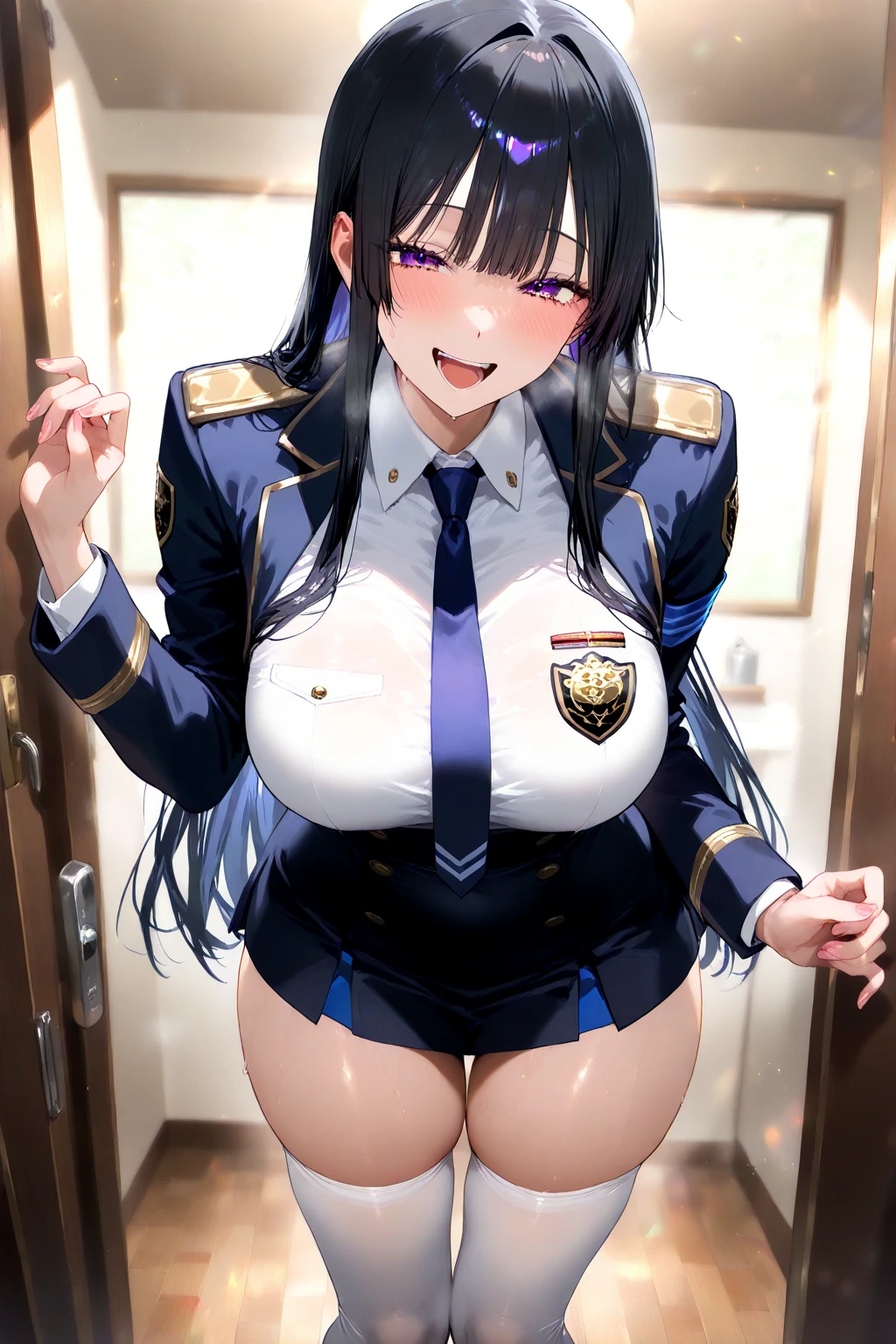Full body portrait:1.3、masterpiece、highest quality、Beautiful woman、Extraordinary beauty、White shirt、Very short pleated skirt、(Crotch pose)、Knee socks、tie、Big Breasts 、Black-haired、A naughty smile to please a man:1.3、Beautiful feet、One woman、Sweaty、blush、(Miyukino Hoshizora's School Uniform):1.2、Wet costume、Detailed costume、Detailed skin、Detailed face、Opening the door to welcome guests、Panties are visible、Open your mouth and stick out your long tongue:1.2、Hot Breath