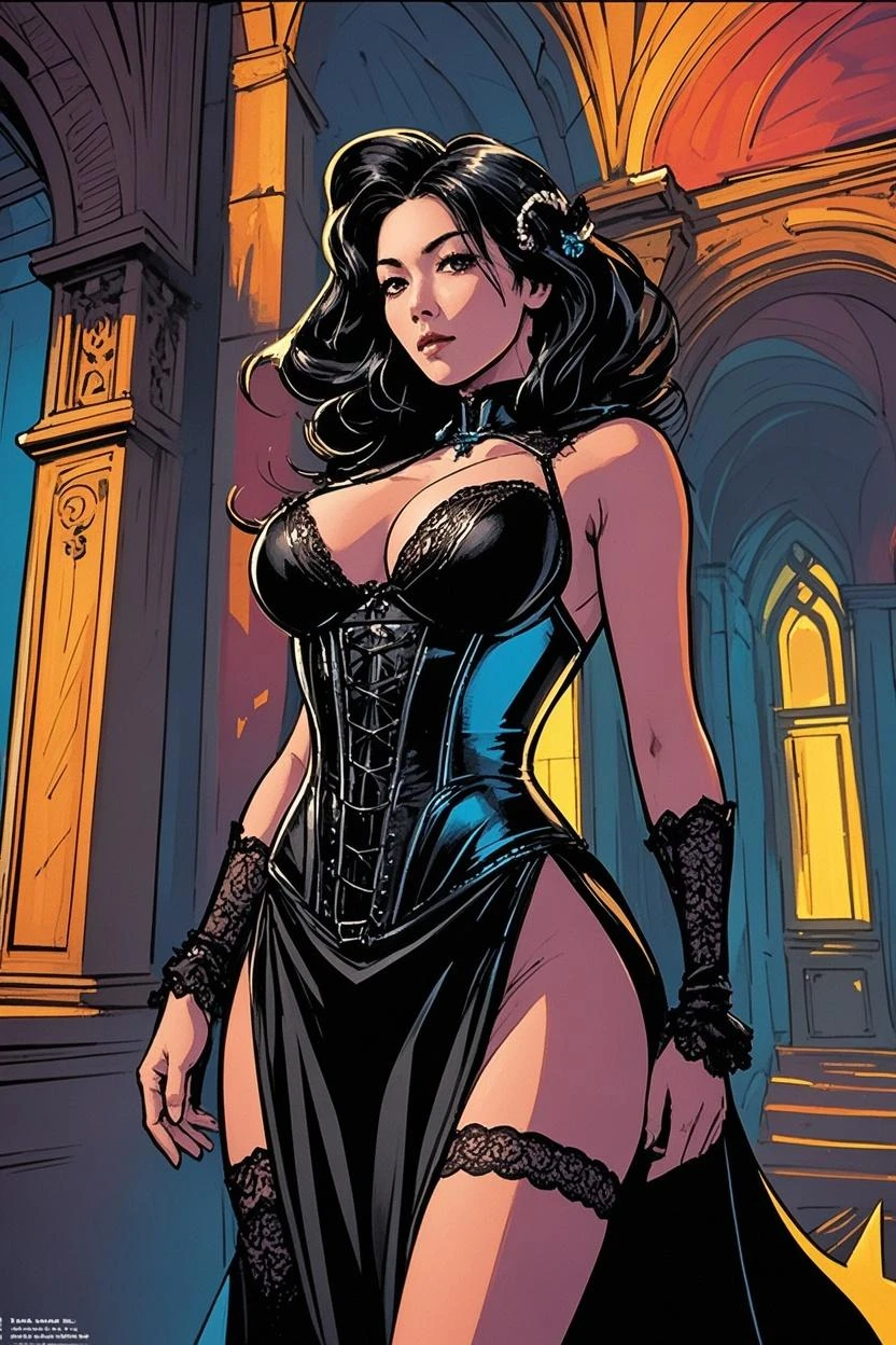 (masterpiece, top quality, best quality, official art, beautiful and aesthetic:1.2), (1girl:1.3), long and curly dark brown hair, ((extravagant updo)), Victorian style, extremely detailed, portrait, looking at viewer, solo, (full body:0.6), detailed background, close up, mischievous eyes, (cold midnight castle theme:1.1), extremely busty vampire, long fangs, blood on chin, huge lips, charlatan, smirk, mysterious, being seductive on a balcony, revealing gothic dress, lace, extremely tight bodice, black attire, red skirts, off shoulder, long sleeves, loose sleeves, black leather, cloak, corset, black dress, fishnets, thigh high black boots, buckles, straps, pouches, glowing blood magic energy, dark red fabric, silver trim, black leather, ruffles, (((gigantic breasts))), cleavage, skindentation, slim waist, slim hips, long legs, medieval (gothic castle exterior:1.1) background, nighttime, dark mysterious lighting, shadows, magical atmosphere, dutch angle