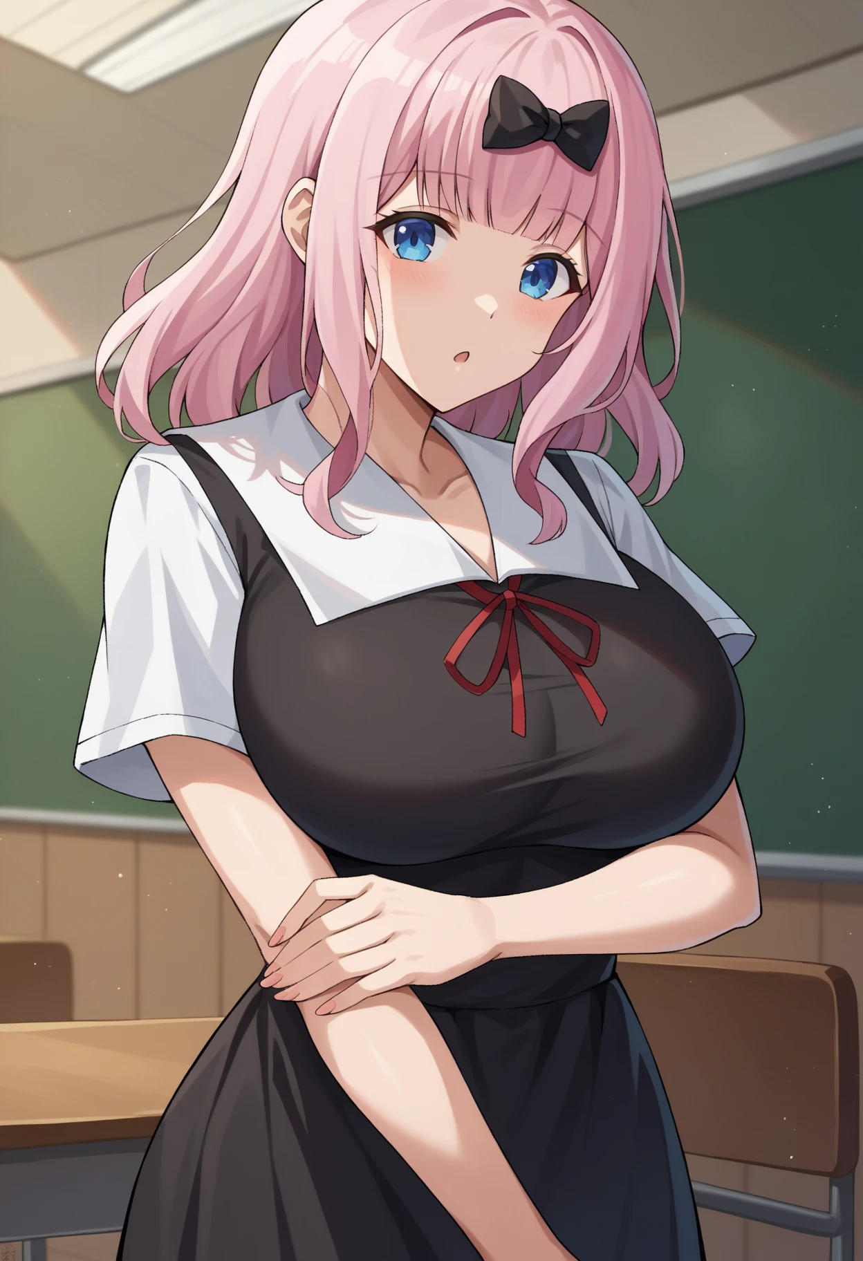 score_9, score_6_wonderful, sauce_anime, One Girl, alone, classroom, Cowboy Shot, chika, blue eyes, Pink Hair, Hair Ribbon, Black Bow, Black Dress, White sailor collar, Neck ribbon, Red ribbon, Short sleeve, White shirt, slim, Huge breasts 、During pregnancy