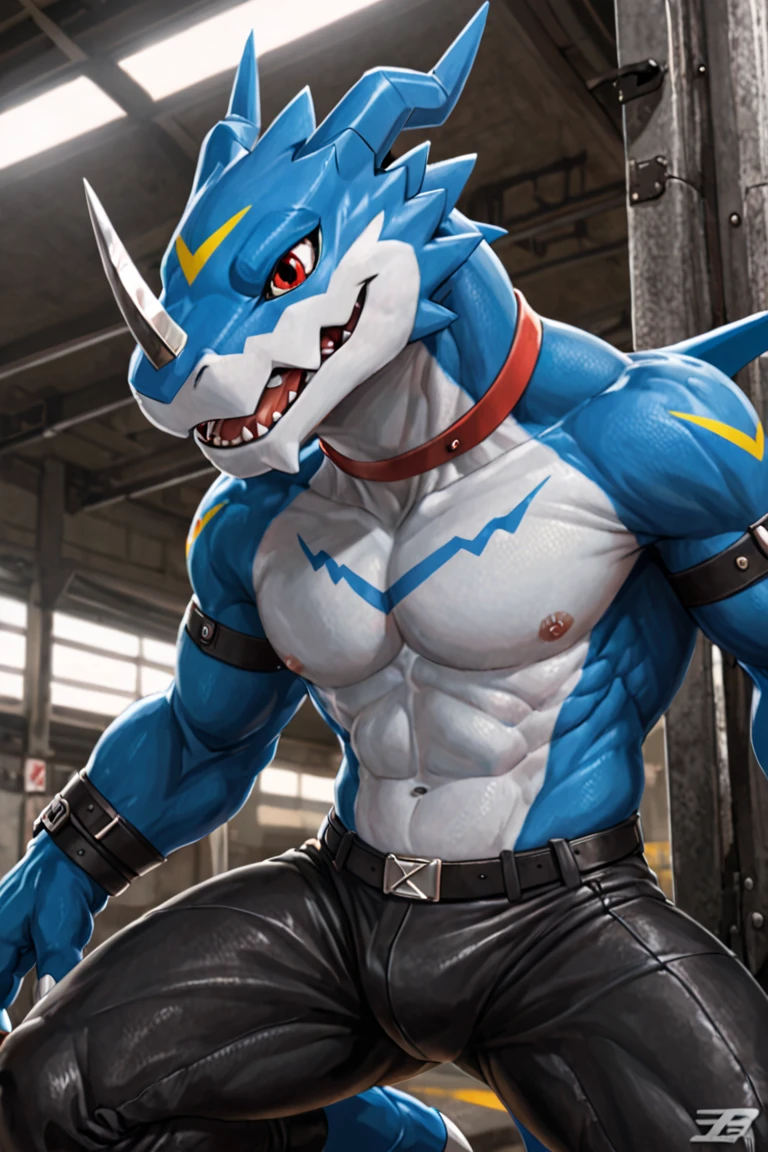 8K, highly detailed, high quality, anime style, game cg, (male), 1boy, upper-body_portrait, looking at viewer, cute, non human, greninja, red eye, (((No nose))), muscular, big pecs, (veins), almost_naked, G-string, bulge, nipples, (((plump nipple))), (((large areolae))), smile, BREAK cyber city, Neon Light