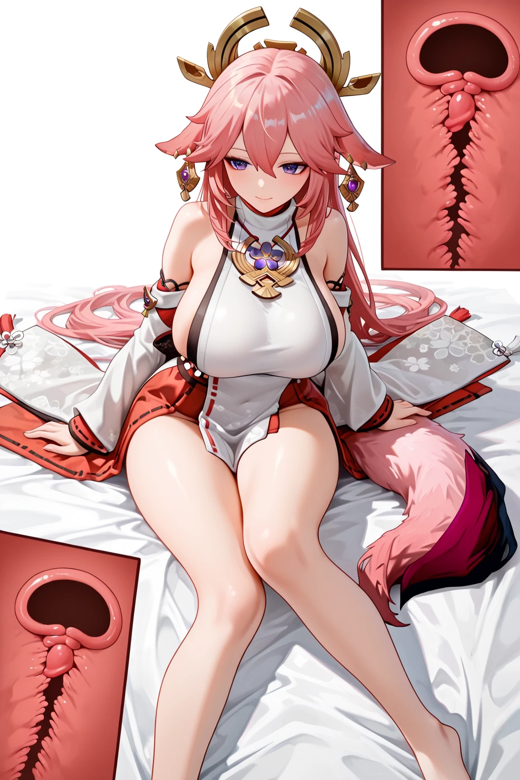1girl, yae miko \(fox\), genshin impact,bedroom,lying on a bed, bondage,gaged,ballgag,rope,hand behind back,masterpiece,very aesthetic,newest,