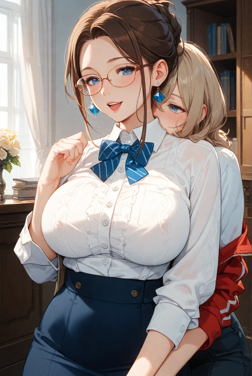 2 heads, a tall chubby woman with 2 heads. Massive breasts. In a cozy cabin. Wearing flannel button shirt. Big long messy hair in bun. Nerdy, hipster. Gorgeous face. Wide eyes. Pale skin. Happy. Extremely huge fake tits. Giant erect nipples. Blushing. Huge . Extreme tits. Breasts resting on table.  on table. Tits laying out on the table. Love. Lustful. Laughing. Mommy. Blushing. Sexy. Extremely huge breasts. Huge body, extremely tall, giantess, massive woman. Holding breasts, touching breasts, squeezing breasts. 