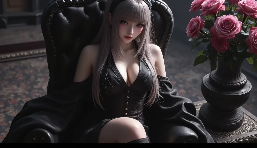 breasts,bare shoulders,large breasts,blush,hair ornament,dress,cleavage,chest strap,saruei,lace choker,shiori novella,black nails,black dress,jacket,white hair,long sleeves,off shoulder,choker,hololive english,thighhighs,lace-trimmed choker,long hair,highres,lace,black jacket,black hair,book,solo,nail polish,holding,split-color hair,fur-trimmed jacket,puffy long sleeves,multicolored hair,holding book,looking at viewer,puffy sleeves,collarbone,shirt,1girl,jewelry,grey thighhighs,sleeveless dress,sleeveless,shiori novella \(1st costume\),hololive,virtual youtuber,striped clothes,fingernails,striped thighhighs,ring,yellow eyes,lace trim,fur trim