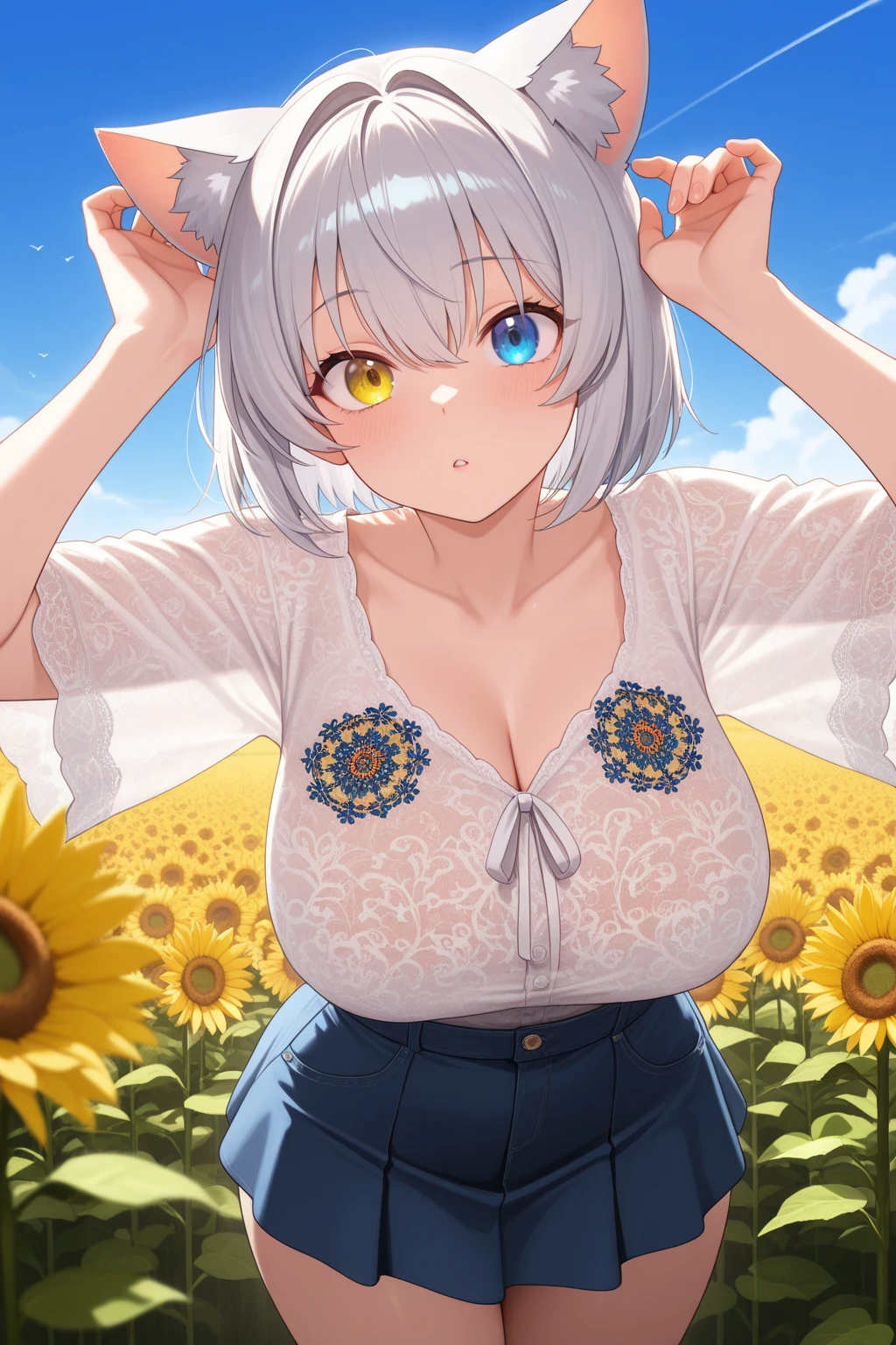 (((best quality)), ((masterpiece)), (details), masterpiece, best quality, high quality, ulutra detailed, perfect face, ((1girl, blue eyes, cat ears: 1.3 silver bob hair: 2.5,)) 、Shiny Hair、Glowing Skin、blush、Lustful look、smile、Sunflower print bikini、Sunflower hair accessory、Sunflower field background、whole body、Sexy pose