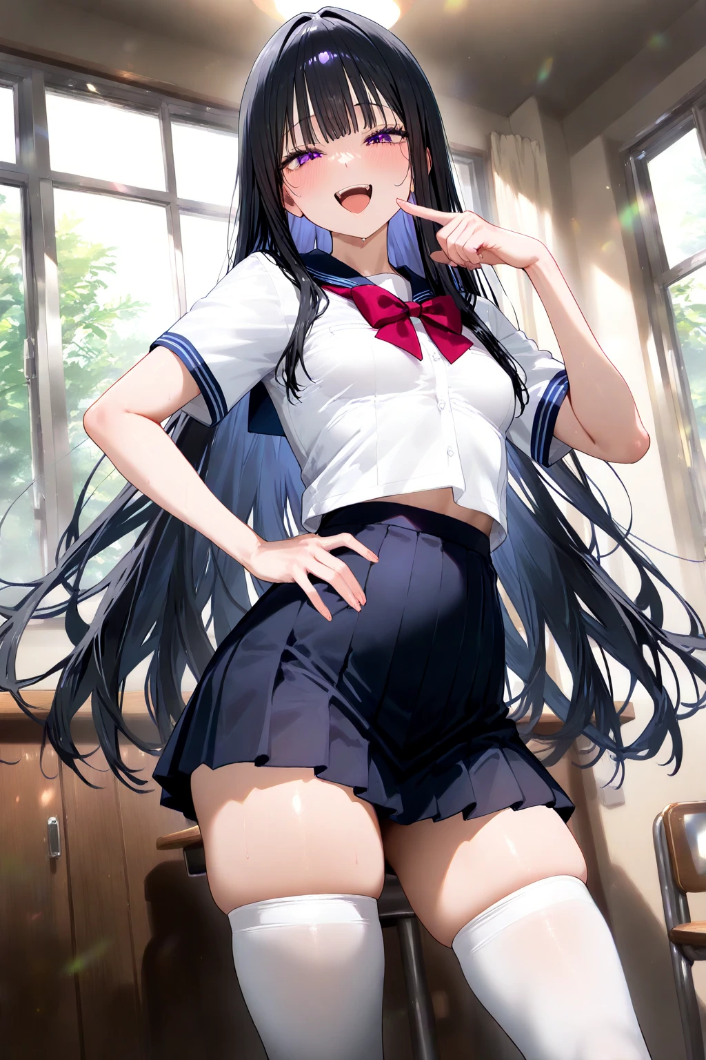 (masterpiece、Highest quality、High resolution、Highest quality、Realistic depiction)Created by Girl(whole body)、Long Black Hair、Beautiful Eyes、high school girl、Classroom after school、Showing her underwear at a low angle、Panty shot、Sailor suit、Big Breasts、Chest、She spreads her legs wide to show her underwear.、Crotch Emphasis、Embarrassed