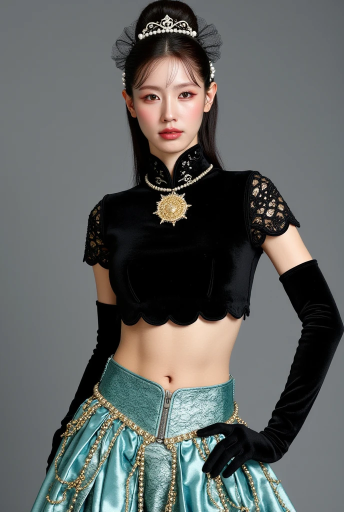 jeune femme classe mesurant environ 1m60, métisse d'origine asiatique et norvégienne aux yeux vert clair avec des longs cheveux bruns bouclés .En robe noir, collier, brillant à lèvres transparent, des seins de taille 95G, allure sportive, 25 ans. Photo du corps entier dans un cadre urbain nocturne.