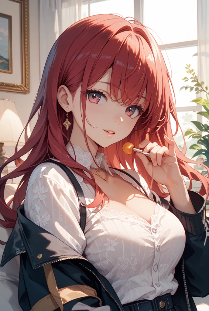 masterpiece, best quality , best quality , high resolution , 16k cg , (ultra deatail face and hair) , (1 girl solo:1.26) , (kafka , sunglasses , purple hair , purple eyes , eyewear on head , elbow , glovees ) , (bare shoulder , strapless , wear sweater , denim microshort) , (sitting on chair:1.3) , (cleavage:1.3), (medium breast:1.3) , ( blush , shy , frown , open mouth ) (indoor , food on table , night , dark , moonlight )