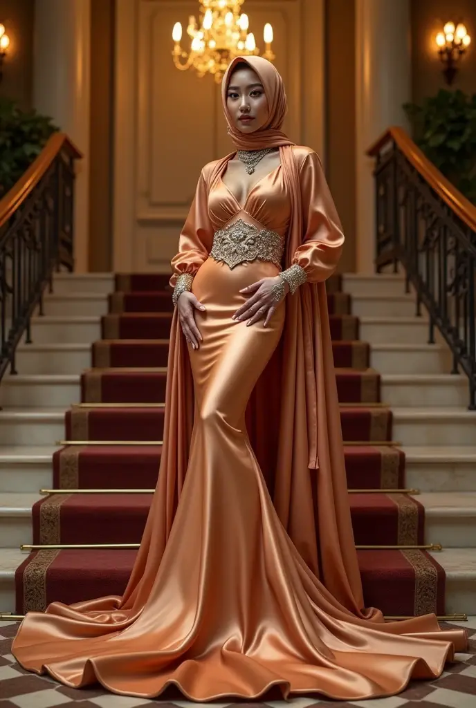 a woman in the silk gown, tied with satin, tied tightfull body,wear hijab,mermaid tight long gown, flowy dramatic long gown, double long satin train ( 4 meter long ),satin sheet,wear high heels, satin veil, big satin fabric, random pose, masterpice, 4k resolution, ultra-realistic, highly detail.