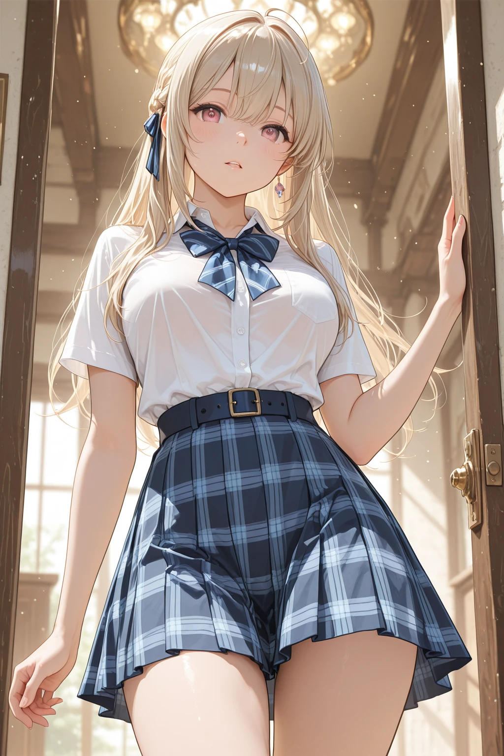 ((highest quality、High resolution、masterpiece))、Blonde、Cosplayer Beautiful Girl、skirt、Embarrassed face、((She shows her panties))、I'm tempting you