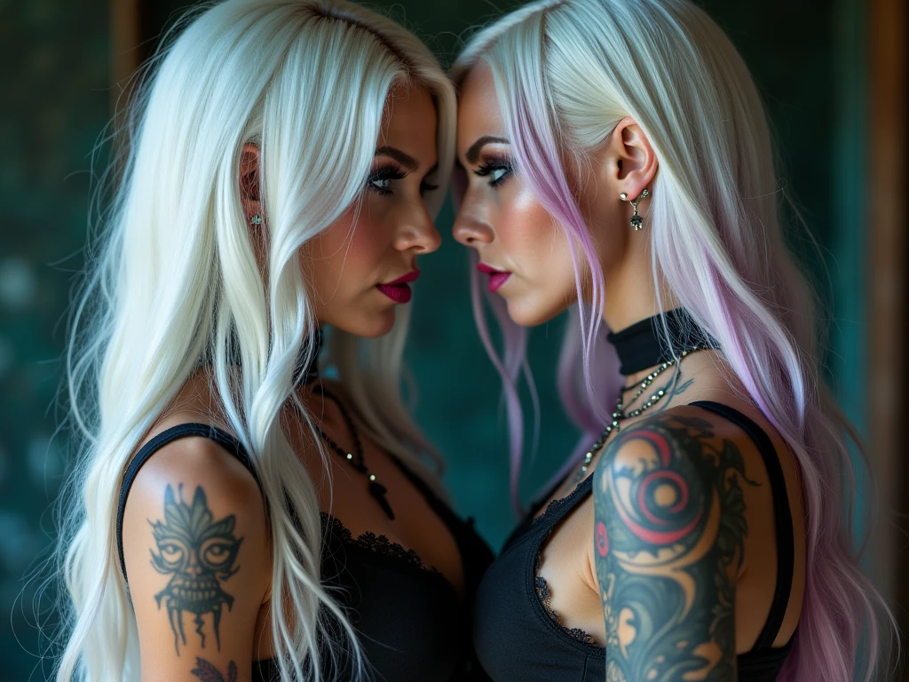 beautiful gothic big  lesbian women kissing each other with very long white hair