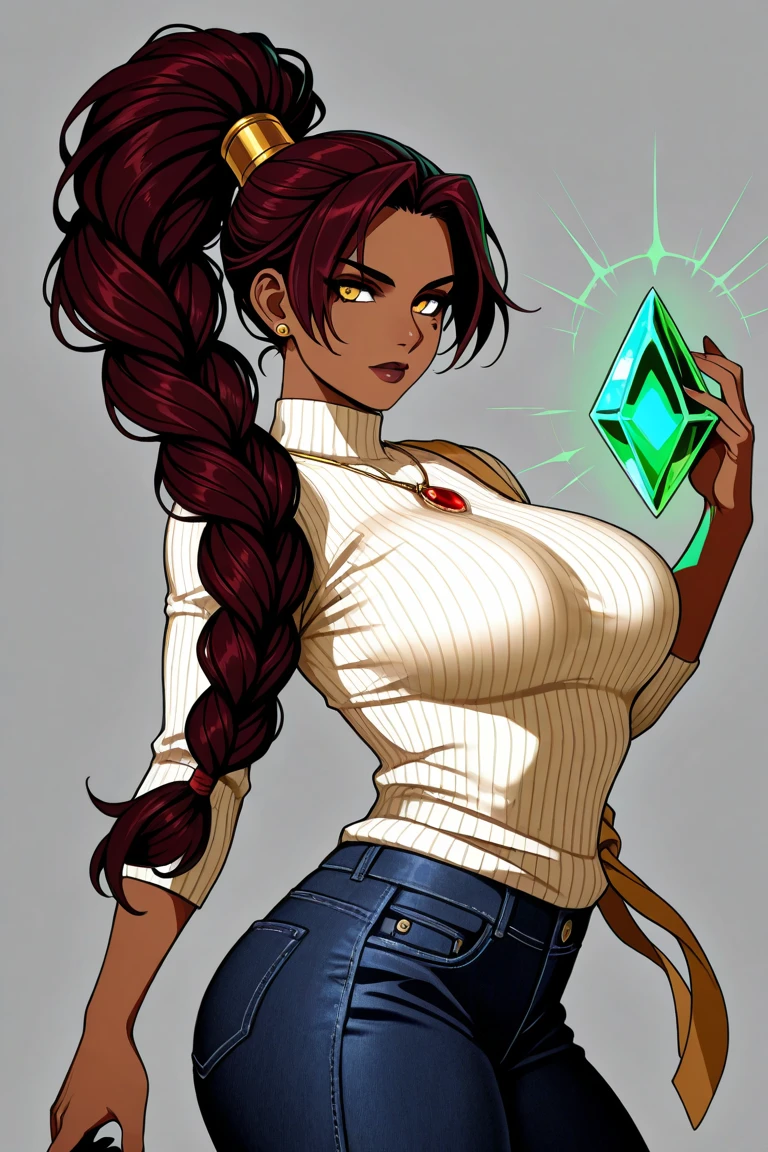 Beautiful busty black woman with huge breasts, tits in tight pink top, shorts, walking through a crystallic cave filled with gems and gold