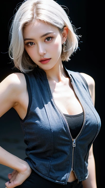 (An 18-year-old Japanese black gal who is just the right type to build a friendship with), (Cleavage:1.5), (Black Theme:1.4), (Casual clothing:1.4), (Blue Diamond Earrings:1.2), RAW Photos, Realistic:1.6, quality:1.5, 8K, masterpiece:1.3, Ultra-high resolution:1.0, Sharp focus:1.2, (Big Breasts:1.5), Beautiful woman with perfect figure, Highly detailed face and skin texture, Fine grain, double eyelid, (kuro-gyaru makeup:1.2), Perfect facial balance, (smile:1.2), ((Silver short hair:1.2)), Beautiful studio soft light, Rim Light, Vivid details, Ultra-realistic, Octane Rendering, Beautiful skin in every detail, Realistic Skin, (View your viewers), (Simple black background)