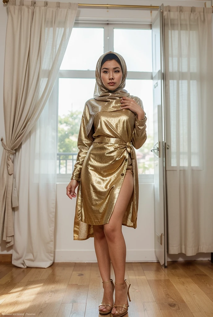 Create a vibrant and highly detailed artwork that captures the Malay woman's regal beauty as the white dragon queen with hijab, her mini dress shimmering with silver and gold accents, while she radiates elegance under the neon glow.