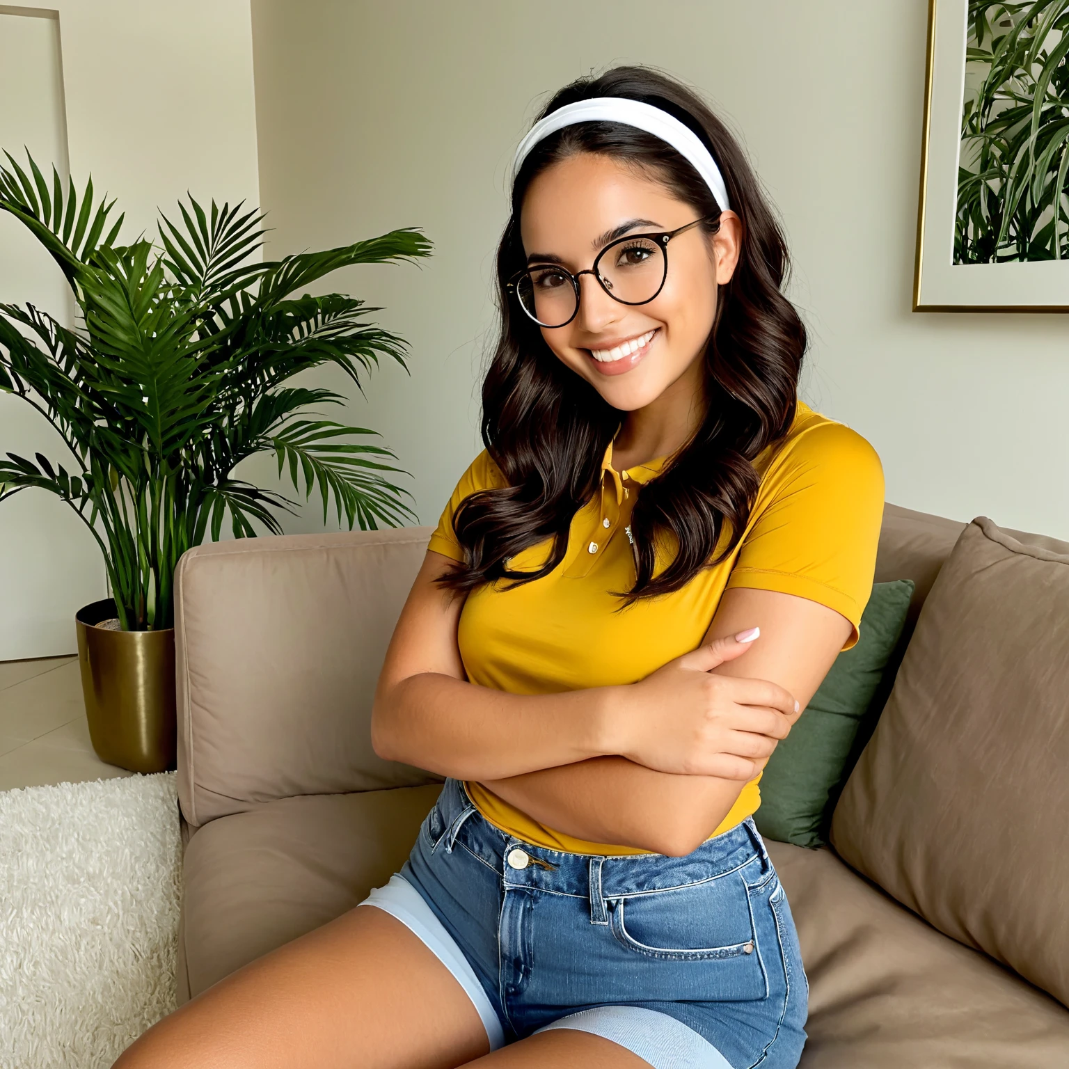 A realistic 28-year-old Brazilian woman with delicate facial features and a kind, innocent expression. She has a soft oval face with a defined but gentle jawline and a slightly pointed chin. Her skin is fair with a subtle natural rosiness, not tanned. Her lips are naturally full with a soft pink hue, slightly curved, and without makeup. Her nose is medium-sized with a softly rounded tip and no sharp edges. She wears stylish, round eyeglasses with thin dark frames and clear lenses. Her dark brown hair is short to medium-length, with soft waves or loose curls, parted to the side or held with a simple thin headband. Her eyes are almond-shaped, medium-sized, with a calm and intelligent gaze. Her eyebrows are medium-thick, naturally arched, and well-groomed.
Body: realistic curvy figure, slim waist, defined hips and thighs, slightly athletic but soft. No exaggerated proportions. Her posture is confident but relaxed.
Lighting: natural soft indoor light. Facial and body proportions must remain exactly the same in every generation. - sitting casually on a fabric sofa in a modest living room, smiling naturally at the smartphone camera. She has fair skin with a rosy undertone, no makeup, almond-shaped brown eyes, full lips, round black eyeglasses, and shoulder-length softly wavy dark brown hair with a thin white headband. She is wearing a yellow blouse and blue jeans — modest, casual and fully dressed.

She is hugging a plush pillow shaped exactly like the Fortune Tiger character from PG SOFT — it must be soft, cartoon-like, golden, and clearly visible in her arms. Her expression is cheerful and relaxed.

The background is a typical Brazilian living room: neutral-colored wall, ceramic floor or rug, maybe a small table or plant, and realistic daylight. The image is in full focus with natural lighting, no blur, no text, no professional look — just a candid smartphone photo at home.