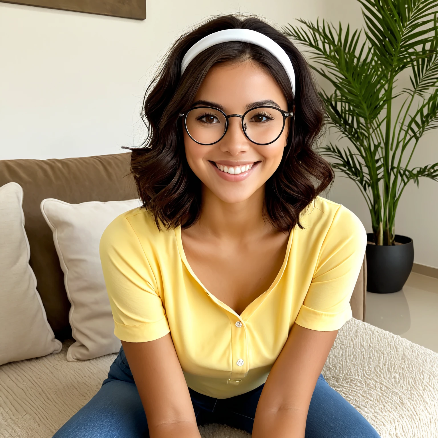 A realistic 28-year-old Brazilian woman with delicate facial features and a kind, innocent expression. She has a soft oval face with a defined but gentle jawline and a slightly pointed chin. Her skin is fair with a subtle natural rosiness, not tanned. Her lips are naturally full with a soft pink hue, slightly curved, and without makeup. Her nose is medium-sized with a softly rounded tip and no sharp edges. She wears stylish, round eyeglasses with thin dark frames and clear lenses. Her dark brown hair is short to medium-length, with soft waves or loose curls, parted to the side or held with a simple thin headband. Her eyes are almond-shaped, medium-sized, with a calm and intelligent gaze. Her eyebrows are medium-thick, naturally arched, and well-groomed.
Body: realistic curvy figure, slim waist, defined hips and thighs, slightly athletic but soft. No exaggerated proportions. Her posture is confident but relaxed.
Lighting: natural soft indoor light. Facial and body proportions must remain exactly the same in every generation. - sitting casually on a fabric sofa in a modest living room, smiling naturally at the smartphone camera. She has fair skin with a rosy undertone, no makeup, almond-shaped brown eyes, full lips, round black eyeglasses, and shoulder-length softly wavy dark brown hair with a thin white headband. She is wearing a yellow blouse and blue jeans — modest, casual and fully dressed.

She is hugging a plush pillow shaped exactly like the Fortune Tiger character from PG SOFT — it must be soft, cartoon-like, golden, and clearly visible in her arms. Her expression is cheerful and relaxed.

The background is a typical Brazilian living room: neutral-colored wall, ceramic floor or rug, maybe a small table or plant, and realistic daylight. The image is in full focus with natural lighting, no blur, no text, no professional look — just a candid smartphone photo at home.