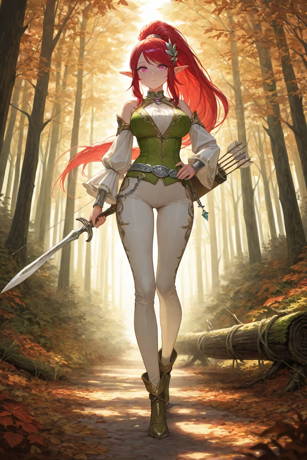 Tall woman, long bright red hair, curly, anime style, gentle smile, gray leggings, hiking boots, burgundy crop top, leather chest armor, exposed cleavage and midriff, standing, spear in hand, bright lilac eyes,