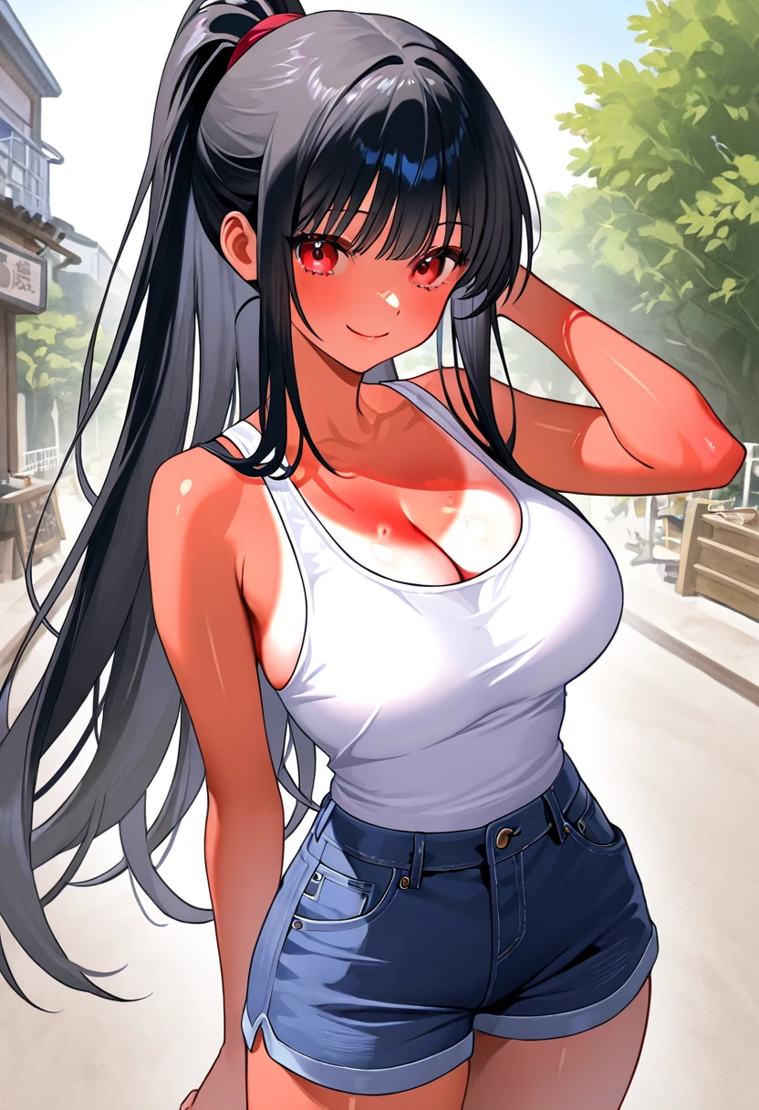 (8K、Top image quality、top-quality、masterpiece)、1(Lori)、Black hair twintails、red eyes、smirk grin、Smaller chest、(White camisole)、denim micro short shorts、open zipper、over kneehighs、Put your hands on your hips、cowboy shot、City background