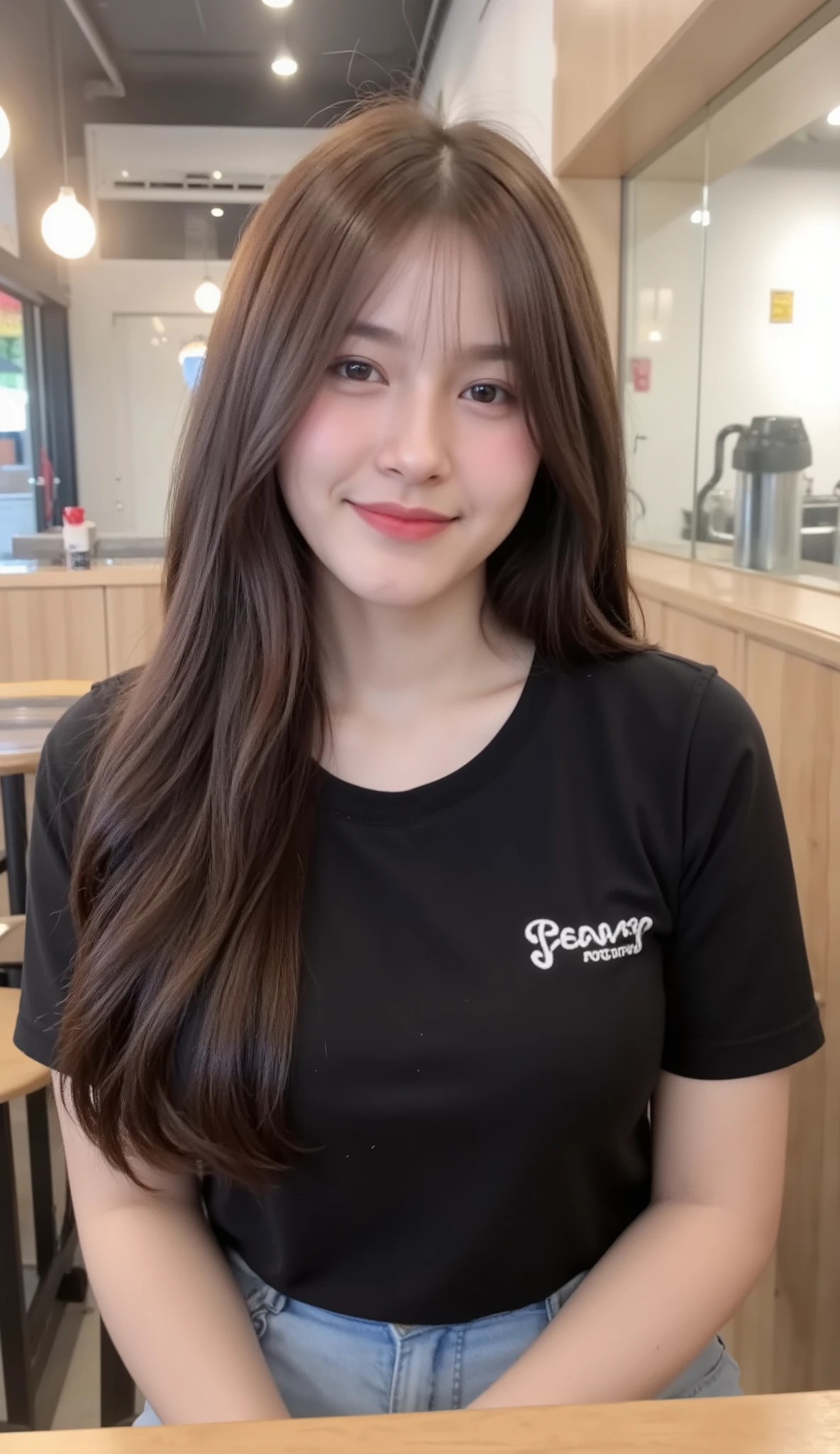 Realistic teen women Beautiful face, long hair, big breasts, attractive shape, look and smile for the camera 8K high definition, sharp focus, very high detail, as realistic as a photo, natural light, smooth, soft skin
Sit in a popular pearl milk tea shop in Bangkok
She was wearing a black T-shirt.
Vibrant and modern atmosphere
Chest level camera angle