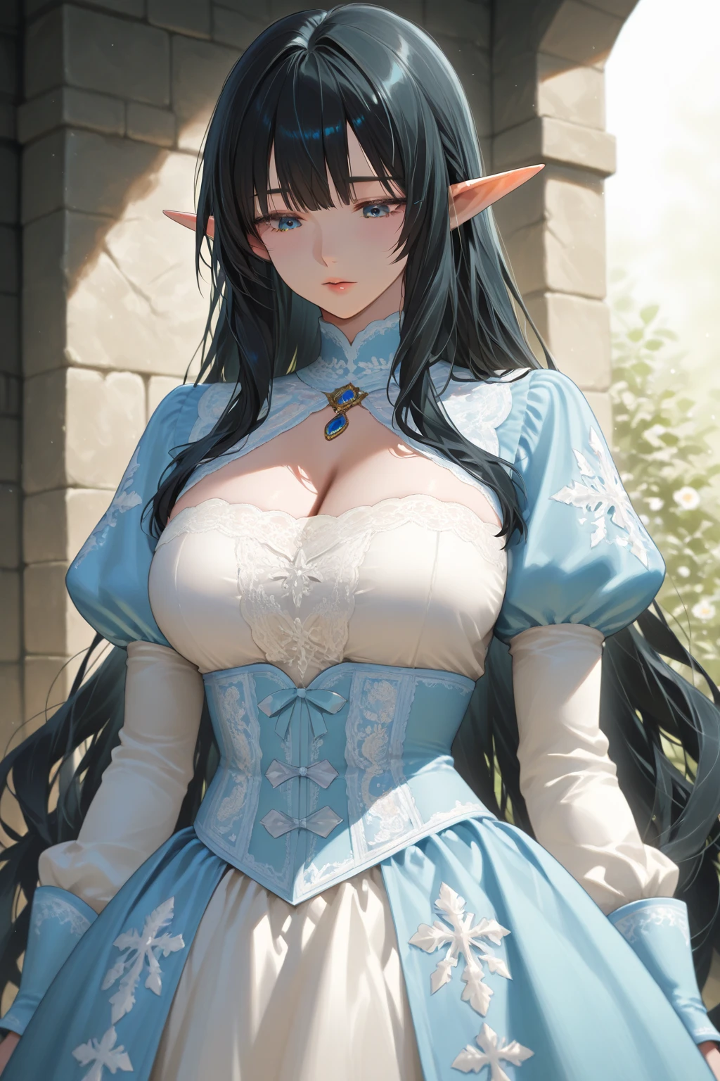 (masterpiece:1.3), (absurdres:1.3), (best quality:1.3), hand of Guido Daniele, (ultra-detailed:1.3),(best shadow:0.7), (handled hair),
BREAK 1girl, solo, Rin(blue archive), multicolored hair, jewelry, earrings, bangs, gloves, (scowl), (blue dress, sleeveless, highleg_dress, cleavage, navel_cutout, high-waist_sideboob, blue elbow gloves, black choker,), blue eyes, glasses, large breasts, colored inner hair, closed mouth, pointy ears, blue hair, very long hair, black hair, halo, arms_behind_back,
BREAK indoors, ballroom, red carpet,