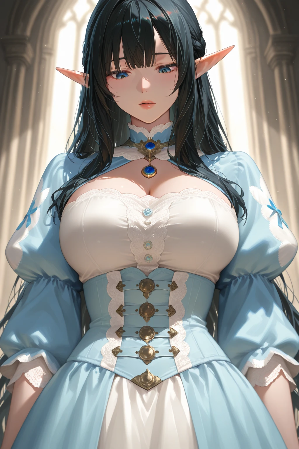Complex 3D rendering of ultra-detailed beautiful porcelain contoured female face,Vivid details,（high resolution），Ultra Detail，Vivid details,（8K，original photo），（Best quality），（masterpiece），(((Full and soft breasts,)))(((big乳房))) (((Cleavage)))Long eyelashes，Beautiful and bright red eyes，Surrealism，trace，Stereogram， Slim，big，巨big的胸部，（（（乳房big得可笑））），（荒谬的big乳房：1.5），（（Giant）），（（巨big的山雀），（（（巨big的山雀）），（（（巨big的Cleavage乳房））），（巨big的Cleavage乳房）））），Blue jumpsuit，Blue leggings，Blue tights，Latex clothing，kneel，Slim