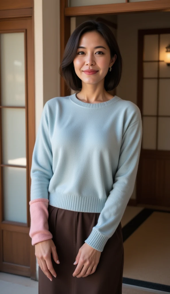 photo of a cute asian teen  wife messy long hair thrown into a messy bun ponytail. She wears: (turtleneck high ribbed bright blue tight sweater:1.1),   pose, high tight ribbed neck,  smile, perfect fake tits, turtleneck top, perfect  legs