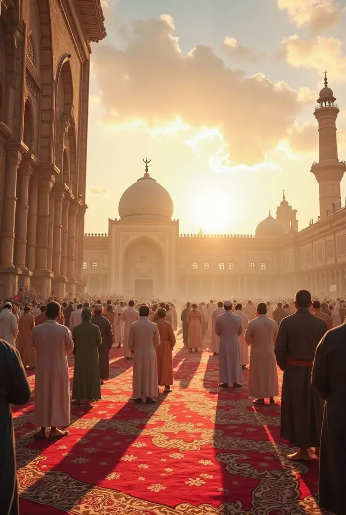 The beautiful wall of Jannat in the background Jannat and looking at that wall, many Muslim people wearing caps look at that wall in shock.