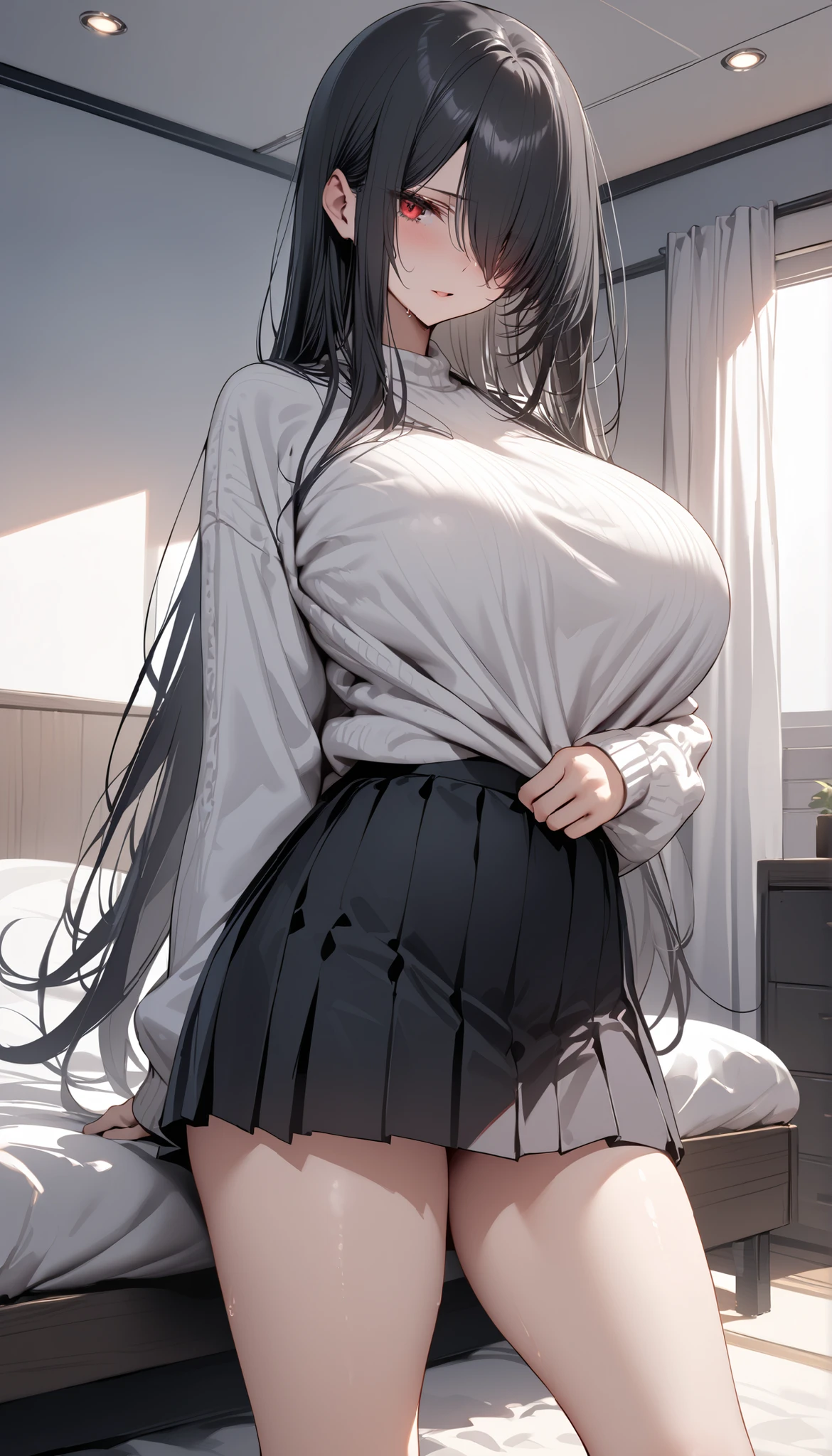 Long black hair, bangs, glasses, black lace bra, black pleated skirt, pantyhose, Showing your ass to the viewer.