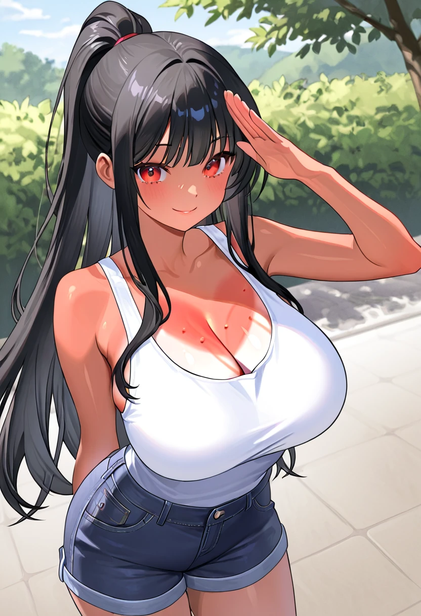 1 mature girl, beautiful face, blue eyes, red cheeks, smile, long straight hair, black hair, long bangs, ponytail, seky body, colossal tits, overmany, big and droopy, big titietra, wide hips, crop top
