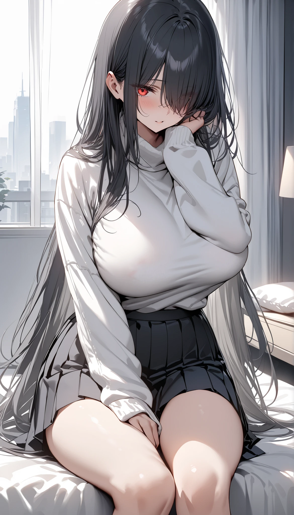 (masterpiece, Highest quality:1.2), Mature Woman、40 years old、Black long hair、wrinkle、White tight sweater、Flesh-colored jacket、White short skirt、room
