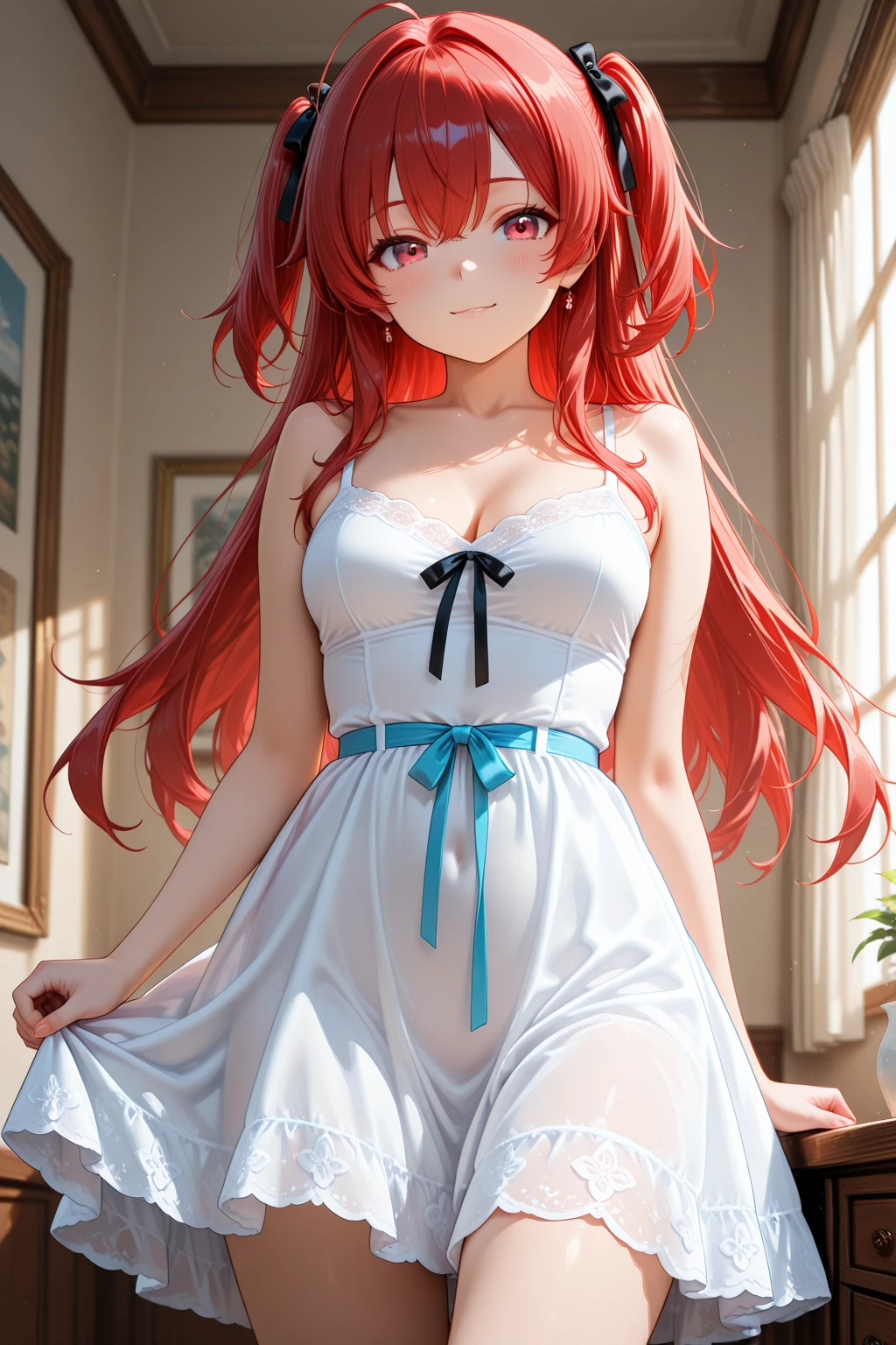 1girls,crimson hair, long hair, blue eyes, top quality, anime girl, sexy girl, naked, clear babydoll,((see-through)), ((frilly babydoll)), show her nipples and boobies, show her pussy, open pussy, off shoulder, ((see-through)), off Thigh, ((see-through)), on her back on her bed, bedroom background,