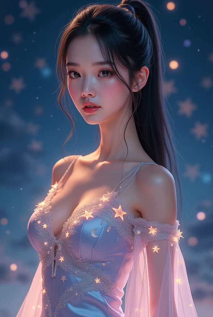 Full Body: Fantastic and artistic portraits incorporating contemporary Japanese elements。The model is a beautiful Japanese woman.、Her hair is silver and loosely tied up。Hair is shoulder length、It depicts natural waves.、Some hair falls loosely around the face。her eyes are bright blue、Those eyes are filled with deep emotion。The colorful eye makeup makes her eyes stand out even more.、Especially blue、purple、Pink shades are used。Her skin is transparent、Surrounded by soft light。

She is wearing a white V-neck T-shirt.、The simple design accentuates her natural beauty.。The T-shirt is a little loose、There are small silver decorative buttons on the chest.。Around her neck is a simple black choker.、There is a small silver ring in the center.。Her expression is calm、It exudes a somewhat dreamy atmosphere.。

Abstract paint splatters and lines have been added to the background.。Vibrant colors mixed together、A sense of movement and vitality。The color is blue、purple、pink、Money、Orange, etc.、A variety of colors are used、Give the viewer a visual stimulus。This abstract background gives her portrait a dreamy feel.。

moreover、The background depicts a fantastical scene with countless floating bubbles enveloped in money and orange light.。The bubbles come in various sizes、The way the light reflects off the bubbles and sparkles is beautiful.。Rainbow-colored reflections can be seen in the bubbles.、The overall effect is a dreamlike atmosphere.。The arrangement of the bubbles is random yet balanced.、Visually pleasing。The background light is warm、Her silhouette is softly illuminated。

Tiny particles of light float within the bubbles.、Each has a slightly different hue。This、The entire background is given a sense of movement and life.。The transparency of the bubbles and the reflection of light、It emphasizes the overall fantasy theme.。I can&#39;t see the source of the light in the background、Gives an overall glow and brightness。

There are tiny particles of light floating around her.、This enhances the fantastic atmosphere even more.。The particles of light are like stardust、There is a mysticism surrounding her existence.。These elements combine、Her portraits are kind of dreamy.、It is a beautiful work of art where reality and fantasy intersect.。

as a whole、This image combines modern Japanese beauty with elements of fantasy art.、Make a strong impression on the viewer。Her beauty and the gorgeous background are in perfect harmony.、It exudes a poetic atmosphere, as if a moment had been captured.。This portrait is、The aim is to provide an experience that allows you to move between the beauty of reality and the world of fantasy.。
