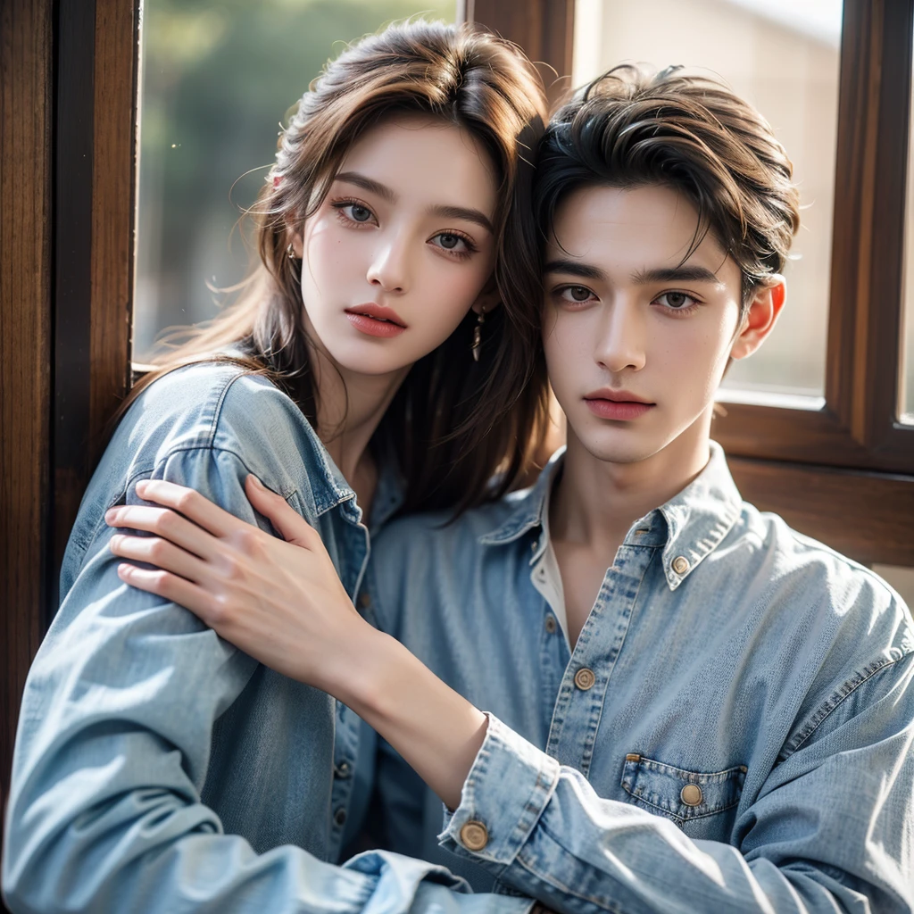 A prince and princess couple, a prince with blue eyes, blond hair and white skin; princess with green eyes, almond-shaped hair and white skin.