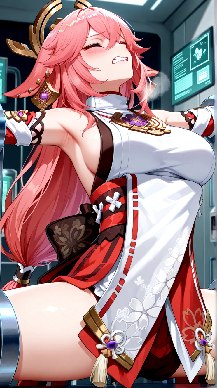 (masterpiece, best quality, ultra detailed, hyper realistic, photo),delicate pattern, detailed background, uncensored completely,
1yae miko, cowboy shot,  japanese girl, class room,
, loose collar, skirt, looking over eyewear,
hair between eyes,
put up index finger and one hand on hip,  angry with puffed cheeks,
from above, leaning forward,