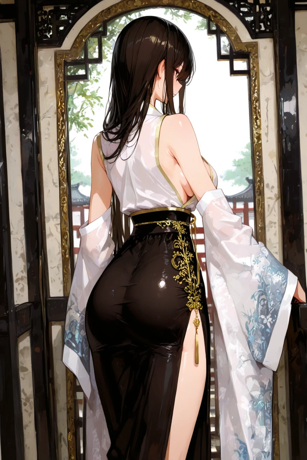 nsfw,girl,Japanese style,Japanese Pattern,Black Hair,Long Hair,masterpiece, best quality, very aesthetic, absurdres,Gold and Black,Gold Leaf,Japanese styleの背景,Dragon print,Fluttering Kimono,Butt,bare ass,広げたButt,unfastened,Solved,ass pov,face