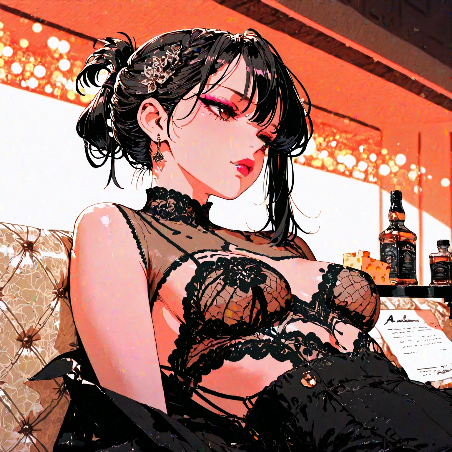 Deep V top,The upper part of the chest can be seen,Bigger breasts,Black lace,Pantyhose,Full body picture,High heel