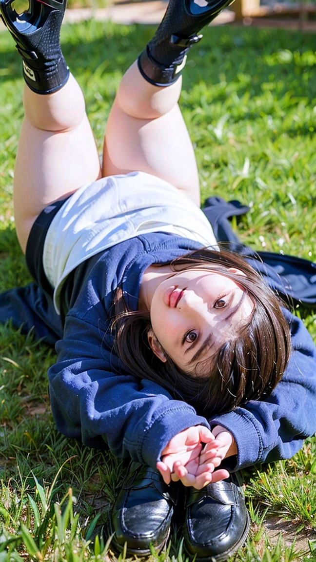 (masterpiece, Highest quality:1.4), Award-winning portraits, 8k, 85mm, alone, Beautiful Face, Delicate, (On the grass), Sophisticated, cute, , RAW Photos, Confused, High resolution, Sharp focus, Background Blur、(((flat 、細くてDelicate体、Childish atmosphere)))、Glossy short bob、Mole on the left cheek、 Dark blue eyes、the skirt is swaying in the wind、Hair swaying in the wind、sexy、flexible legs、naked、Angle shot from the ground
