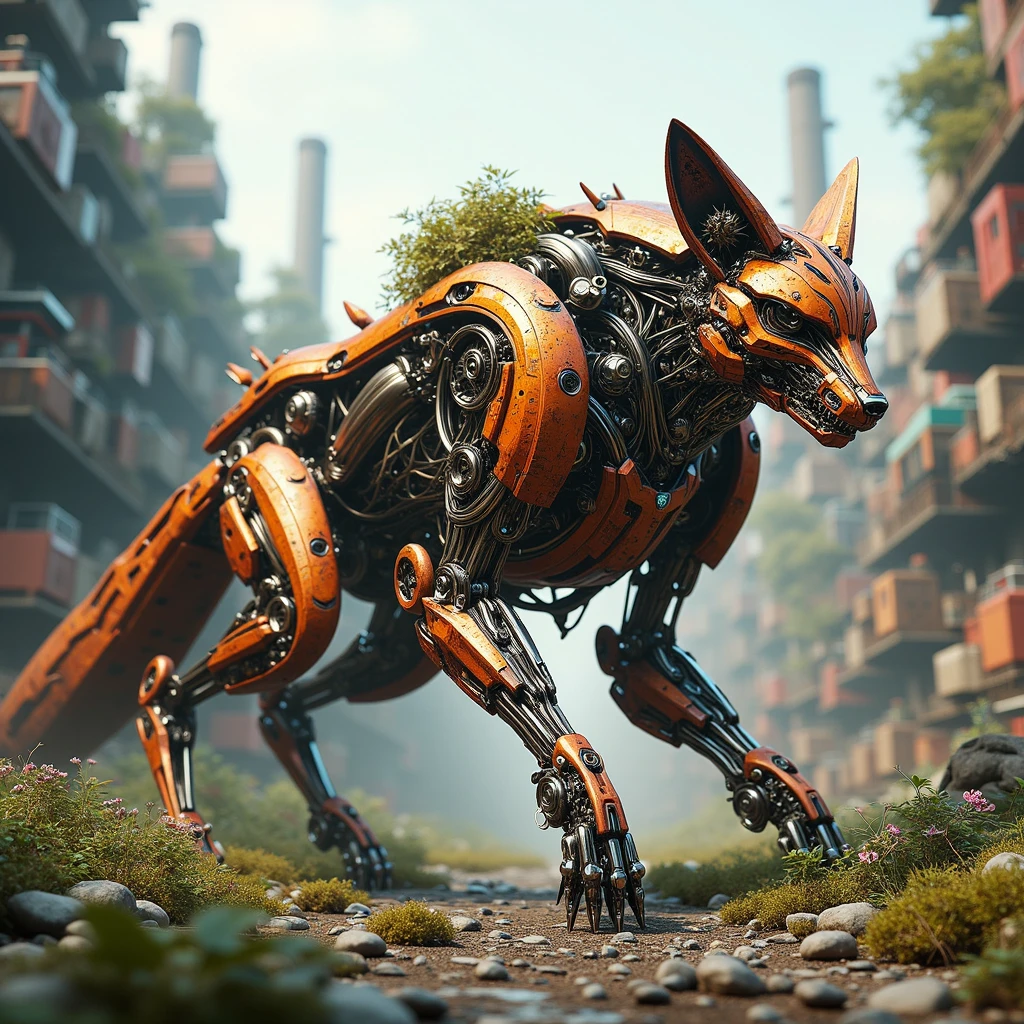 cybernetic robot . android, AI, machine, metal, wires, tech, futuristic, highly detailed, sunrise animal (Encountering mythical beasts) (Amongst manticores and chimeras) , score_9, score_8_up, score_7_up, score_6_up, score_5_up, score_4_up, adorable, beautiful adorable fox, sitting on grass, beautiful landscape, futuristic, hyper detailed, jagged rocks and cliffs, big structures, wires, dark and gloomy