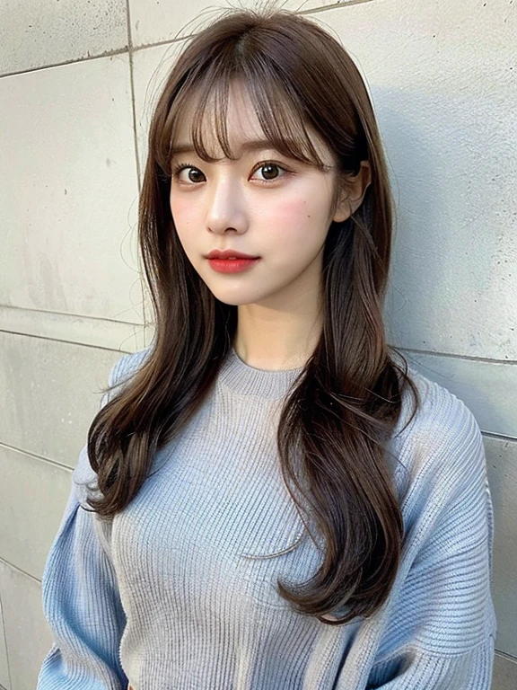 highest quality, 1 Beautiful Woman, 28 years old, 35mm lens,, Cowboy Shot, Concrete Background、Mortar style background、Open-neck knit、light brown、Mortar wall,From below、Straight hair、Straight hair、Shiny Hair,Silky Hair、Slender body