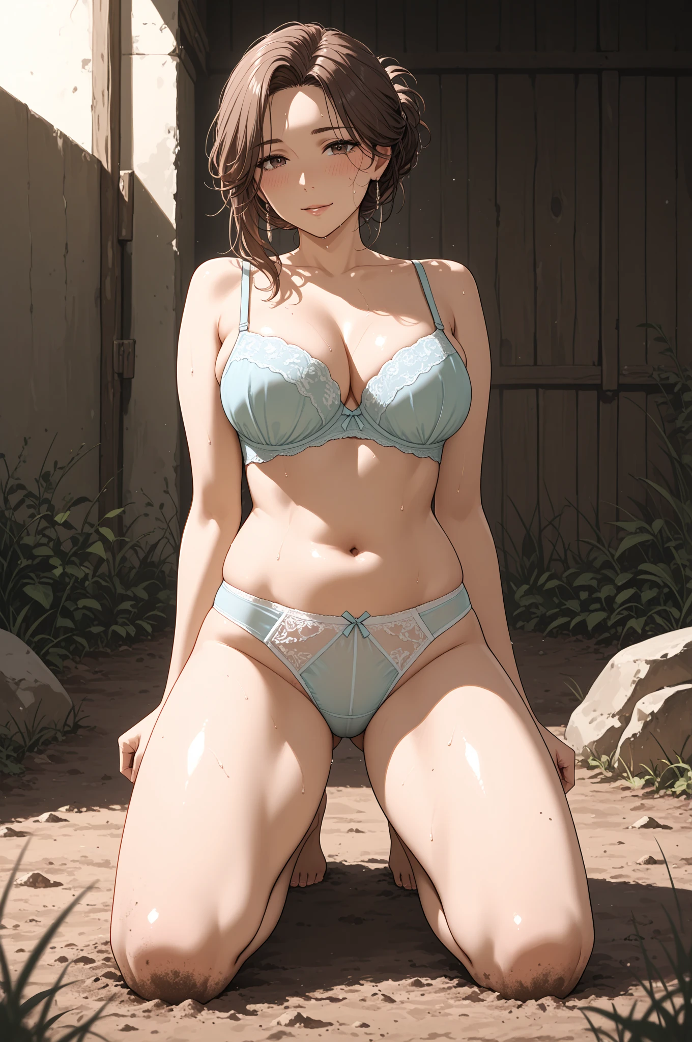 naked, giant areolas, sagging breasts, wearing thong bikini