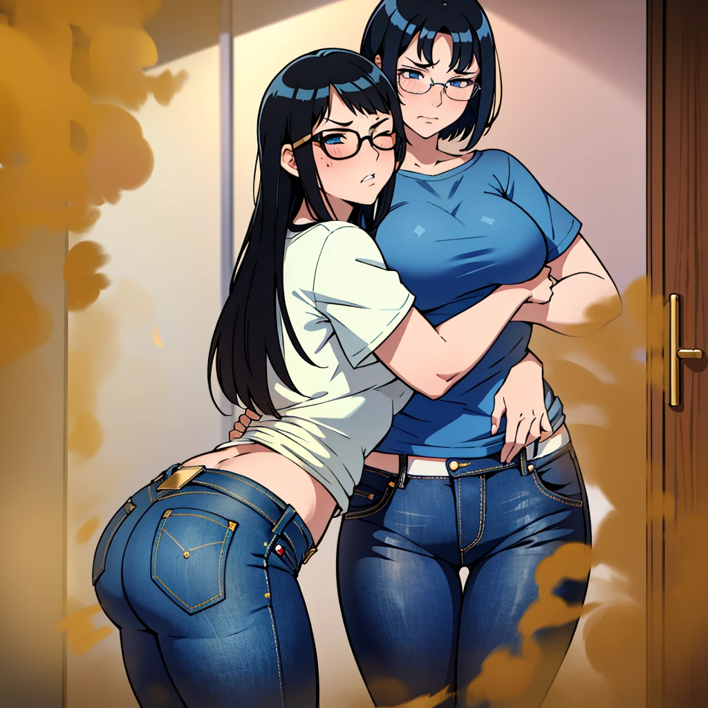 (best quality:1.4),masterpiece,ultra-detailed,delicate features,delicate skin,realism,beautiful lighting,1girl,black hair ,blues eyes ,tareme,long hair,gleaming skin,glasses, oversized tshirt, blue jeans, massive ????, yellow smoke rising, blush, viewing ass, clenching teeth, library