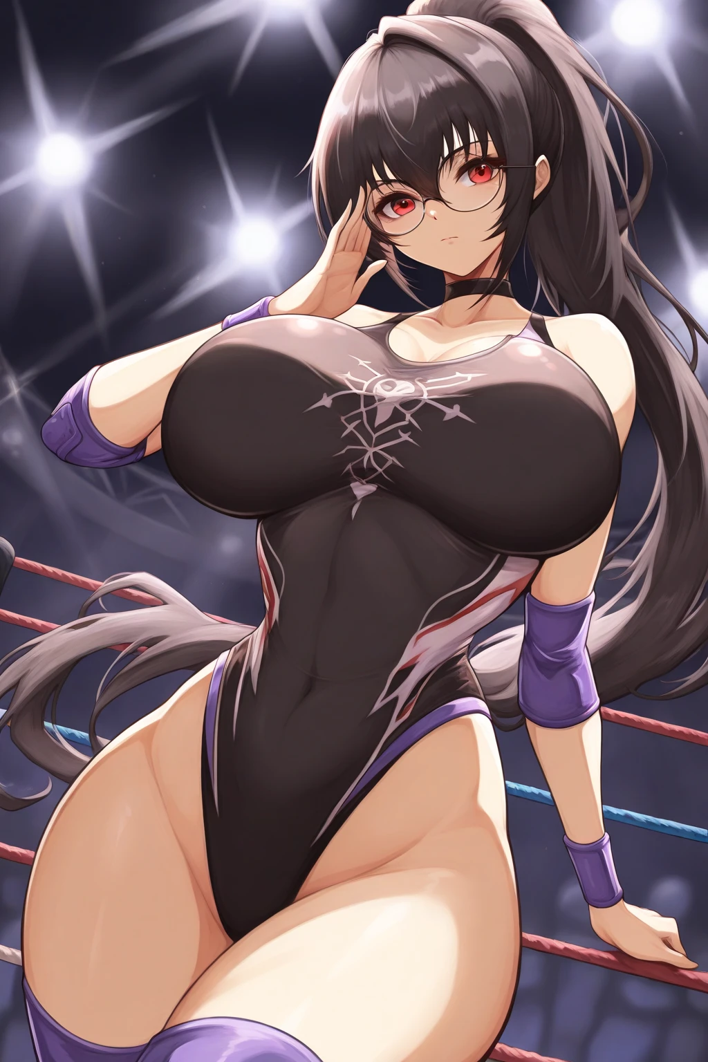 Beautiful short hair, sharp body, big breasts, wearing Supergirl cosplay、masterpiece, super fine illustration, best quality, light particles, ultra detailed, perfect anatomy, Japanese anime style, 8K, (woman), big breasts, ((black long hair)), shiny hair, shiny skin, oily skin, beautiful face, ((white) leotard, wrestling boots:1.2), (nipples), (orgasm face, beautiful purple eyes, shiny eyes, big eyes), blush cheeks, (arched back), (vaginal penis:1.2), (man:1.3), (sit astride on man), (girl on top), (cowgirl position:1.2), (rodeo:1.2), hetero, man in below, (intense Sex:1.7), (cum out:1.2), nsfw, stage, wrestling stage, crowd, illumination, shadow,
