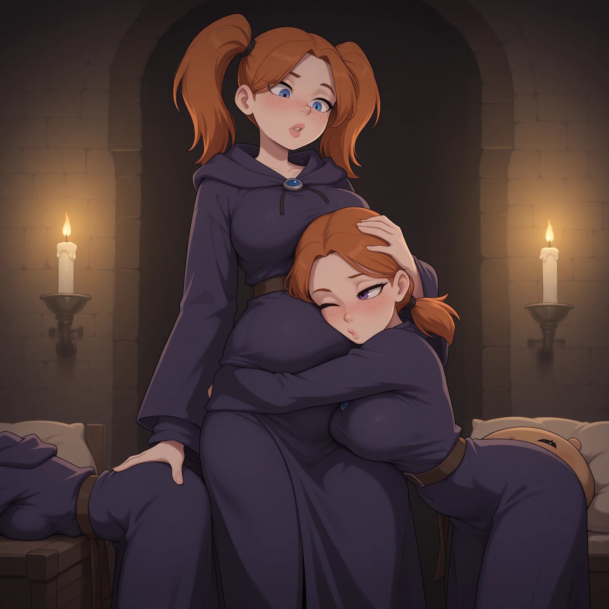 masterpiece, high quality, best quality, 
witch abode, dark medieval chamber, candle light, potions, witch robes, pigtails,
fully dressed, belly hidden by clothes, stomach covered by clothes
visible forehead, freckles, moles, detailed eyes, detailed lips,
slim body, slim waist, slim belly, skinny, athletic, slight muscles, large breasts, 

detailed background, dramatic lighting, underlighting, 

three-shot, 3 females, different haircuts, different clothes, belly pillow, head on belly, faced smooshed by two bellies, faced crushed by bellies, face enclosed by bellies,
1 short girl [center, bottom of frame] smooshed between the bellies of 2 women [profile, top of frame, standing], two bellies crushing head, two bellies crushing face,
1 short girl: [frontal shot, facing viewer, head placed between 2 bellies, head pressed against bellies, ear next to bellies, face between bellies, listening to bellies, smooshed cheeks, tousled hair, has both eyes visible, startled eyes, curious expression, focusing, one eyebrow raised, one eye shut in focus], 
2 women: [profile, standing on both sides of frame, bellies pressing into short girl's head on both sides, one hand placed on the side of belly],

digestion sounds, digestion effects, loud digestion,