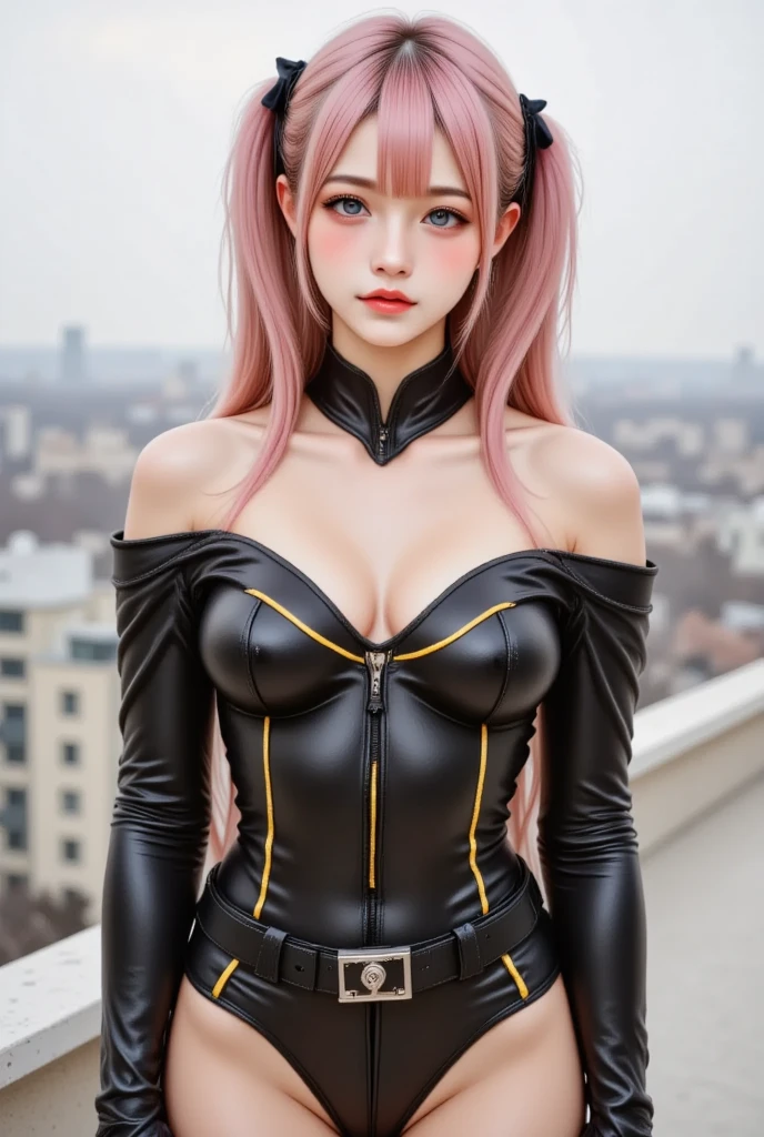 yuzurihainori, Inori Yuzuriha, hair between the eyes, Hair ornaments, Hair clip, long-haired, Twintails Low, pink hair, (Red Eyes:1.5), sidelocks, twintails, (small breast:1.2), bare shoulder broken, black thighhighs, Chests apart, Open Center, detached sleeves, elbow gloves, fingerless gloves, gloves, navel, boots, tummy, Indoor divider, class room, Look at the audience., romper (masterpiece:1.2), bestquality, high-res, Unity 8k壁纸, (illustration:0.8), (beautiful detail eyes:1.6), very detailed face, perfect lighting, Very Detailed CG, (perfect hands, perfect anatomy),