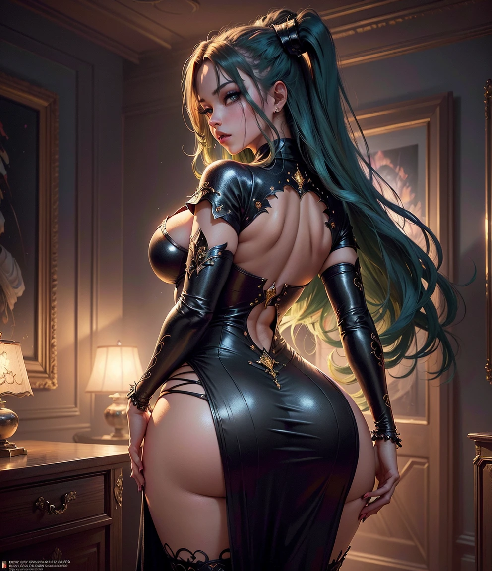 In the Clockpunk fusion style, which is a combination of intricate clockwork mechanisms, and the ornate aesthetics of the Renaissance era, a beautiful young woman kneels on all fours, and looks at the viewer.  In the distance, a futuristic castle, she crosses the view of a vibrant cosmic galaxy, in a starry sky.

     Gears, cogwheels, and intricate machinery, woven with rich fabrics, elaborate patterns, and opulent details define the aesthetic of the image.  The slightly post-apocalyptic scene is very dimly lit and includes intricate patterns and motifs reminiscent of classical art.

     The magical cosmic view behind her is filled with the vibrant colors of space, the universe and the planets.  The futuristic castle between her and the celestial spectacle is brightly lit, showing off the futuristic architecture of her.

     ((Miku Hatsune)), young woman, long, thick hair, Aqua hair.  two pigtails, ((pigtails tied with red ribbon)), Her face is round and heart-shaped with an angular jaw, and a shorter face.  She has big eyes with heterochromia that shine like sapphires, fluorescent eyes, She is slightly curvy, with a well toned body, a perfect ass, big breasts, slim waist, big butt, prominent hips, big thighs,

     She has perfectly drawn hands.  Her anatomy is perfect.

     She is wearing an unbuttoned white silk blouse that reveals her cleavage, a leather miniskirt, black gloves, and black thigh-high boots.  Around her neck is a gold necklace with vibrant yellow space gems embedded in it.  She has a shiny gold chain around her thighs that has multiple vibrant yellow space gems embedded in it.  Around her waist and hips is another gold chain wrapped.  She is also encrusted with bright yellow space gems.  Earphones embedded with yellow space gems cover her ears.

     She is on all fours, looking at the viewer with a seductive and penetrating gaze.  fox ears, fox tail,