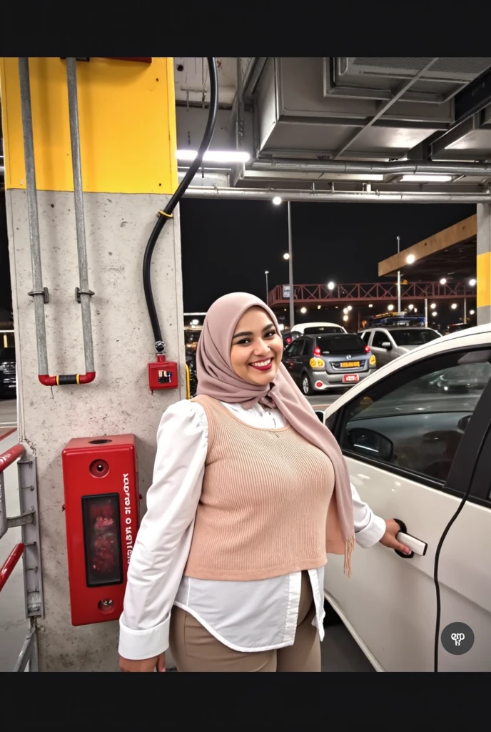 A fat woman, wearing a white Nike baseball cap and an Algerian flag on her shoulders, sits in the passenger seat of a car.. She is looking directly into the camera, wearing a white shirt..