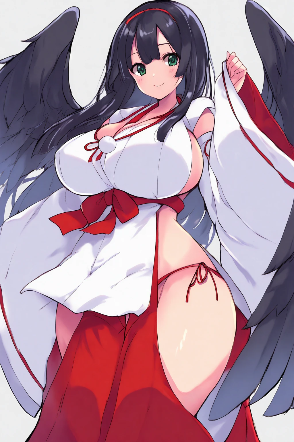 An anime Japanese woman wearing a traditional kimono, with yellow eyes, black hair, transparent white wings behind her, a maroon colored garment, olive green hakama, long hair parted in the middle, large breasts, a sword sheathed on her left hip, and a smiling expression.