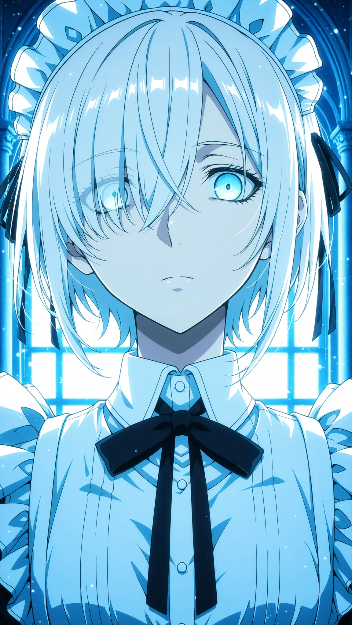 maid giri ,
High quality , best quality , masterpiece, High Resolution , anatomically correct,anime Coloring, Screencap
1girl,solo, tall woman, Cool woman,, androgynous,
White hair,short hair,, hair over one eye ,light blue eyes, , , flat chest
maid costume,white shirt
looking at viewer , close-up,
, mansion、indoor
,, Gangsta style, Expressionless, cold eyes,cool face