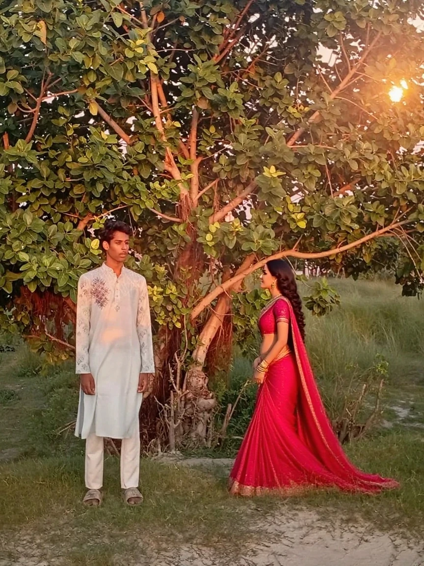 A captivating comparison: a tall Indian woman with radiant almond-shaped eyes and cascading dark hair, her elegant figure towering over a short man. They stand in the soft glow of the setting sun, casting long shadows on the ground. Her fiery spirit reflected in her determined gaze. His warm smile, full of admiration and respect. The lush greenery of the forest surrounds them, bathed in the golden hues of the sunset. High-definition, photorealistic image, filled with intricate details and vibrant colors. (Tall Indian woman:1.5), (Short man:0.8), Indian origin, natural beauty, sunset, forest, profound connection