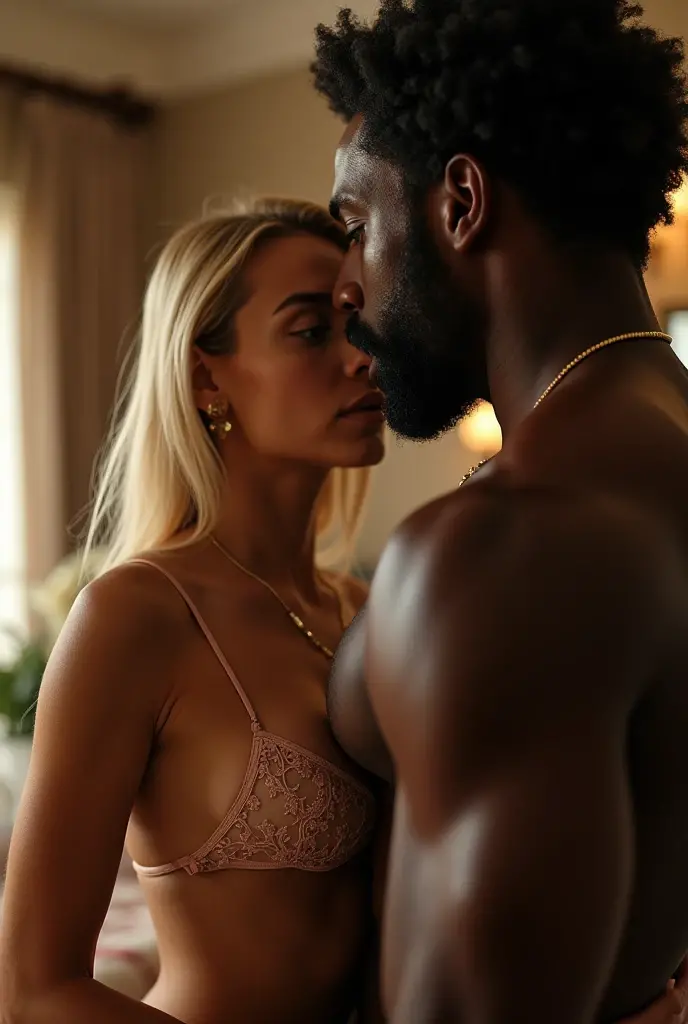 Magnificent detail, 8K Photos, hyper- realism, realistic background, visual depth, wide angle lens, professional light, full body photo. {A man in the background of the image, in an elegant suit sitting on a chair, with his arms tied to the arms of the chair, with a tape over his mouth, Watching a beautiful natural blonde woman, De pele clara, wearing sexy lace lingerie, in bed cuddling and kissing a muscular black alpha male, extremely tall and strong, in white underwear. Woman caresses black man&#39;s underwear. Hot kisses. Hotwife cuckold