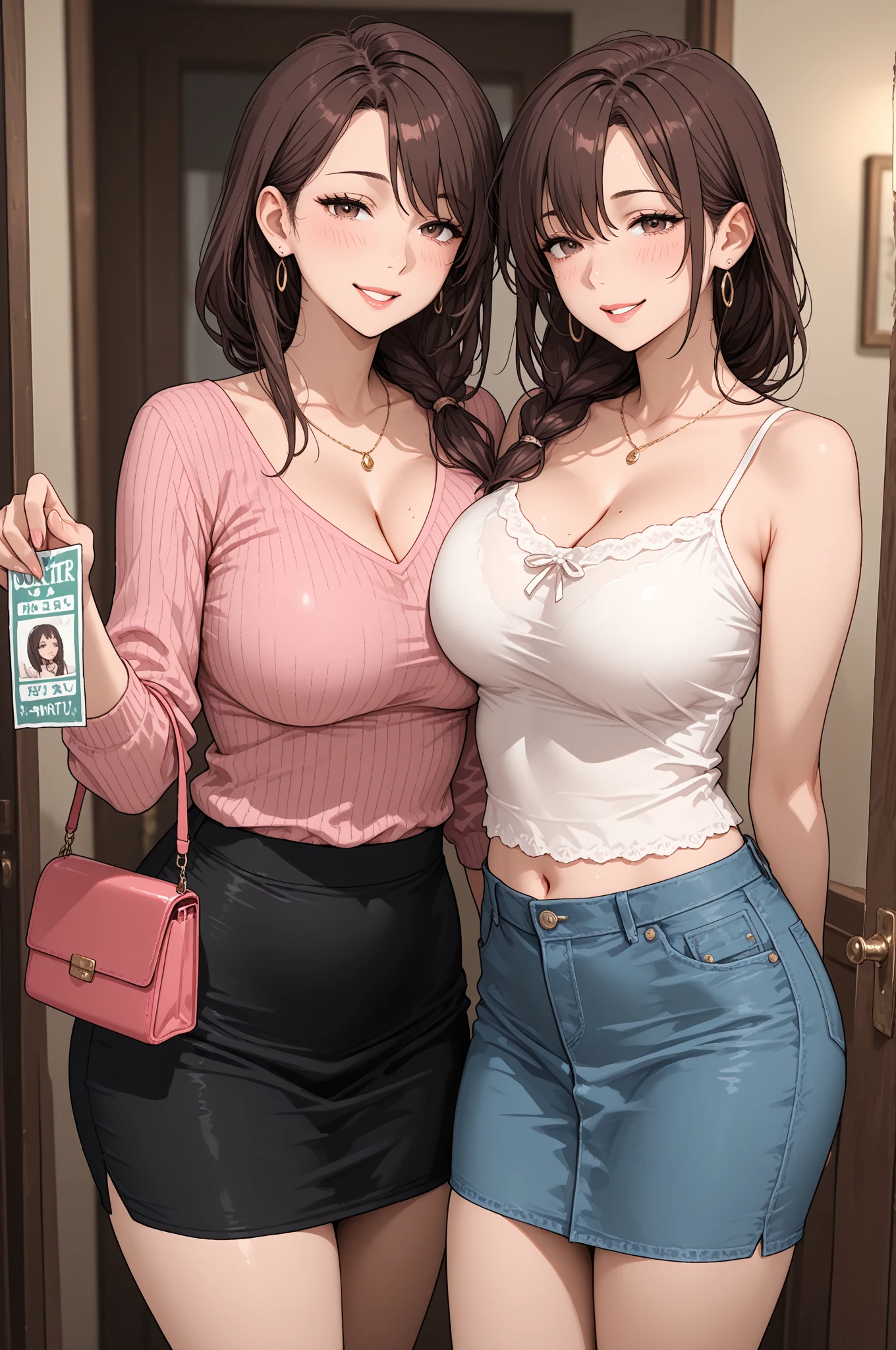 (Highest quality,High resolution,Pixel perfect,8K), (1 Girl:1.2), Beautiful woman,((Wavy mid-length hair, bangs, Brown Hair)), ((Brown eyes, Beautiful eyelashes, Realistic eyes)), ((Detailed face, blush:1.2)), ((Smooth texture:0.75, Realistic texture:0.65, Realistic:1.1, Anime CG Style)), Medium Chest, Perfect body, (Earrings,necklace,Sleeveless turtleneck sweater,mini skirt, ((Skirt flip)), A shy smile)), ((Her lacy panties are visible:1.1), (Multiple Views,Two views), Beautiful sister next door